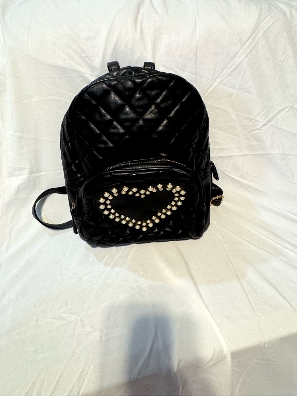 Black Quilted Mini Backpack with Heart Stud Detail